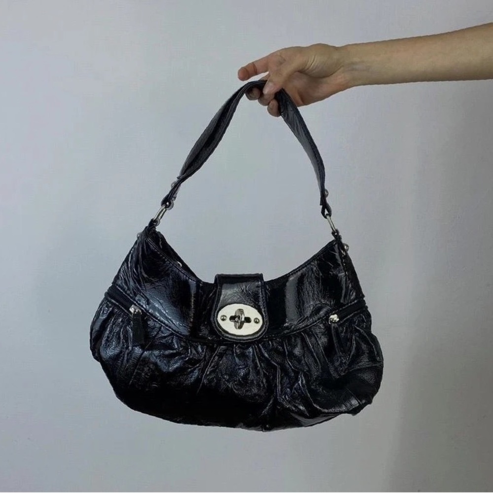 black retro patent leather front buckle clasp slouch moon shoulder hand bag